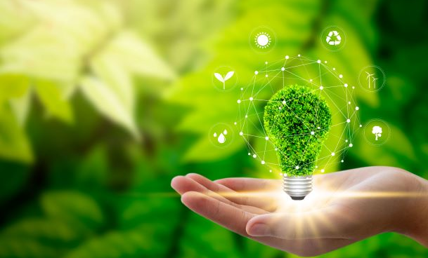 Picture of a hand holding out a green holographic lightbulb highlighting different areas of Environmental Science and energy management.